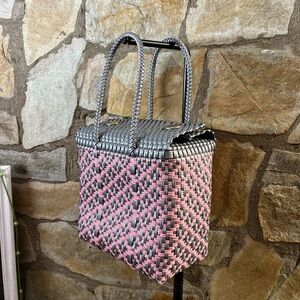 Y2K handwoven basket bag 💗 grey & pink checkerboard mini tote